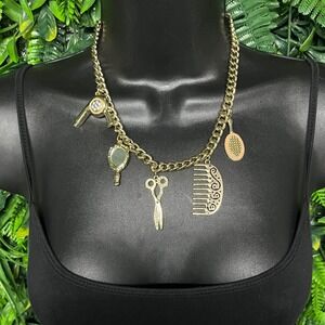 Gold Tone Hair Stylist Salon Charm Necklace Rhinestone Scissors Comb Mirror 3746